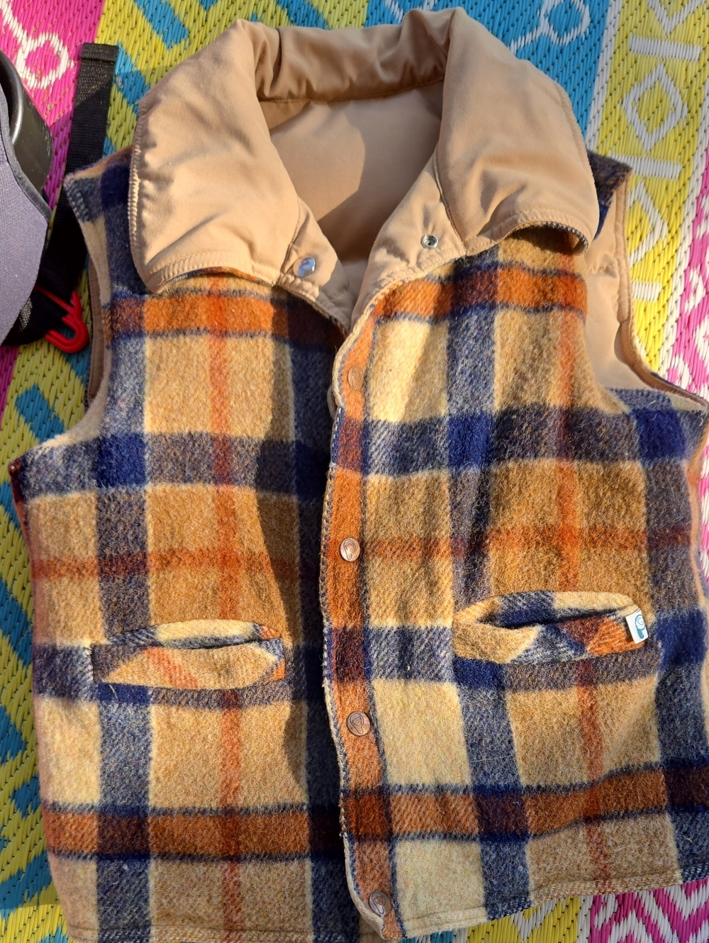 70s Vintage Wool Plaid Puffer Vest in Beige, Blue & Brown